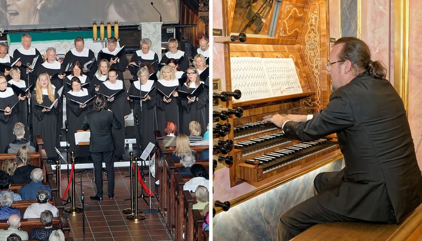 dwa zdjęcia z występu w bazylice św. Elżbiety: Chór Kościoła Frauenkirche oraz Jan Surma przy organach Englera