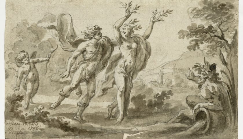 Jan Bogumił Plersch, Dafne uciekająca przed Apollem, sepia i oł&oacute;wek na papierze, 1796, własność Muzeum Książąt Lubomirskich - Oddział Zakładu Narodowego im. Ossolińskich we Wrocławiu. Zbi&oacute;r Pawlikowskich