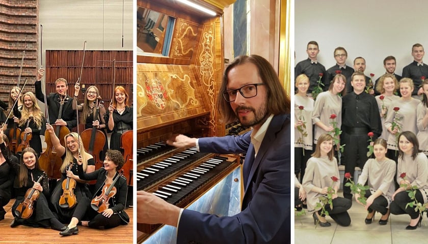Trzy zdjęcia – od lewej Akademicka Orkiestra Kameralna, prof. Piotr Rojek przy stole gry organów Englera w bazylice św. Elżbiety, Chór Uniwersytetu Przyrodniczego z Alanem Urbankiem