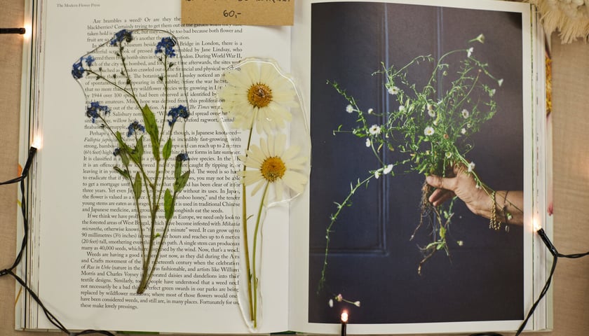 Na zdjęciu zakładki z żywicy epoksydowej do książki z wtopionymi w nie kwiatami marki Sznurki i rośliny