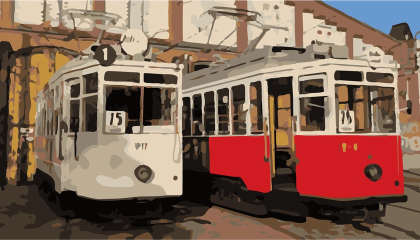 Na zdjęciu: dwa stare tramwaje przed zajezdnią