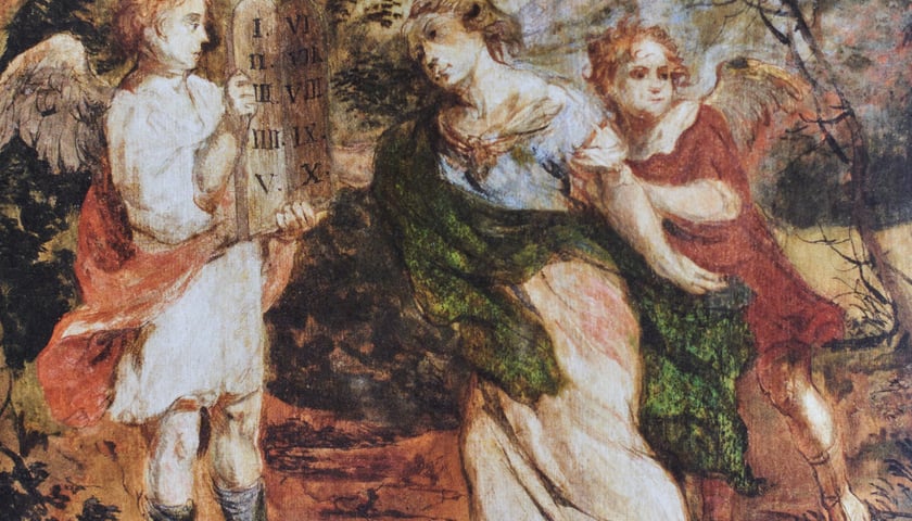 <p>Fragment ocalonego obrazu Michaela Willmanna &bdquo;Tęsknota za prawem&rdquo;, ok. 1700. Został poddany konserwacji jako jeden z pierwszych w 2019 roku.</p>