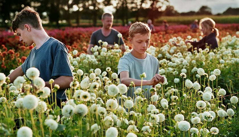 Na zdjęciu bohaterowie filmu „Blisko” zbierają kwiaty na łące