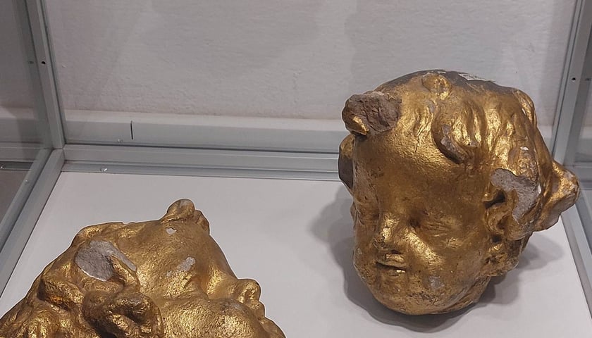 Kamienne, pozłacane główki putt (rzeźb przedstawiających uskrzydlone anioły) z wystawy w Krasnymstawie