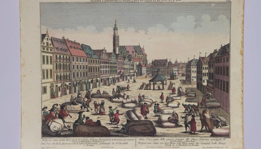 <p>Rysunek Friedricha Bernharda Wernera &ndash; widok pl. zachodniego Rynku zwanego Targiem Wełny, ok. 1780</p>