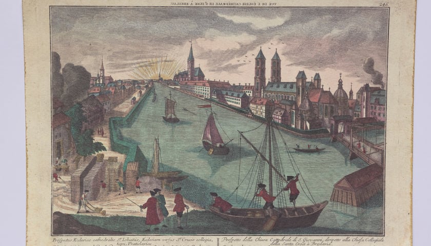 Grafika z widokiem perspektywicznym Odry od wschodu z Ostrowem Tumskim oraz fragmentami Nowego i Starego Miasta we Wrocławiu, ok. 1780
