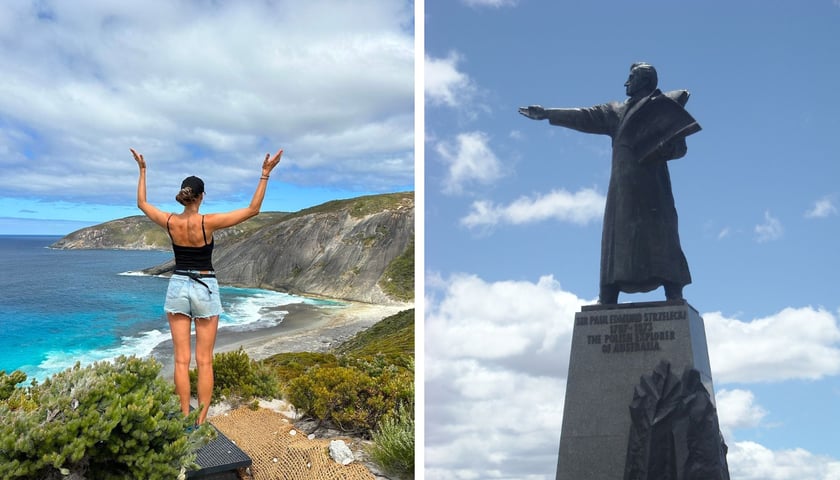 Po lewej: dziewczyna stojąca tyłem i unosząca ręce do góry na tle oceanu i wzgórz / po prawej: pomnik P. E. Strzeleckiego