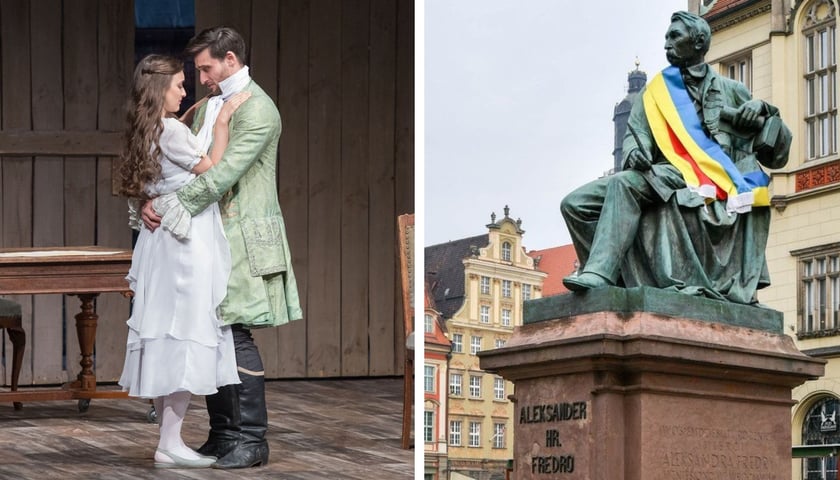 Po lewej: przytulająca się para na deskach teatru; po prawej: pomnik Aleksandra Fredry przewiązany szarfą w niebiesko-żółtych barwach Ukrainy