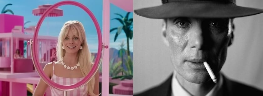 Połączone dwa zdjęcia z filmów – z lewej z Barbie, z prawej z Oppenheimera
