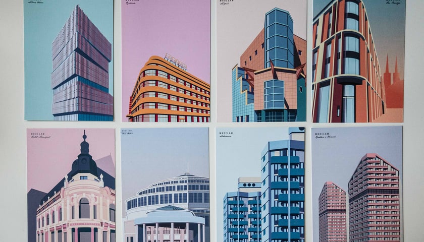 Wrocławskie budynki na ułożonych obok siebie pocztówkach projektu Malwy Domaradzkiej