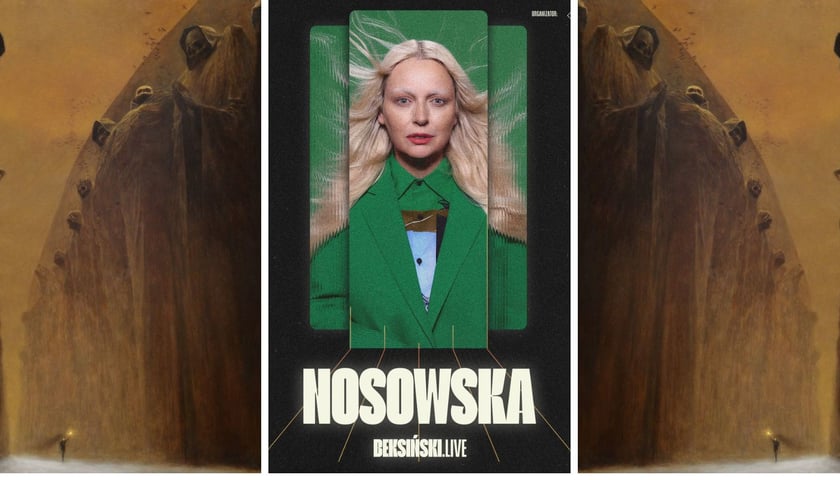 W środku: Katarzyna Nosowska z rozwianymi włosami, po bokach: obraz  Zdzisława Beksińskiego