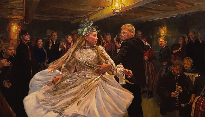 Jagna tańczy w chacie ubrana w suknię ślubną, scena z animacji „Chłopi”