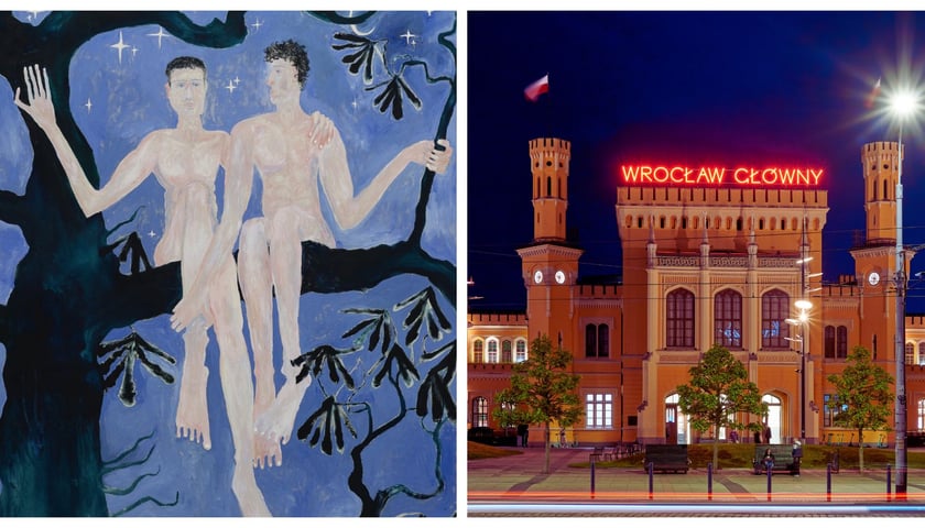 Po lewej: obraz z dwiema postaciami siedzącymi na gałęzi, po prawej: budynek dworca Wrocław Główny