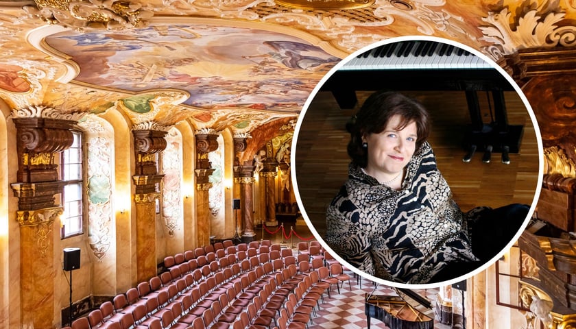 Kolaż dwóch zdjęć. W kółku pianistka Dina Yoffe, w tle sala Oratorium Marianum.