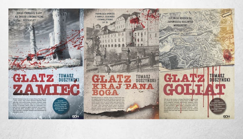 <p>Trzy okładki kryminał&oacute;w Tomasza Duszyńskiego z cyklu Glatz</p>