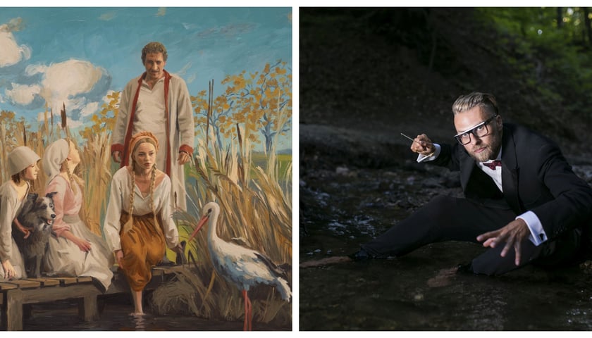 Z lewej kadr z filmu "Chłopi" z Jagną i Boryną, obok L.U.C.