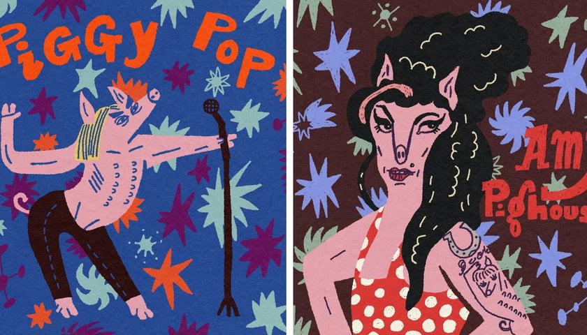 Plakat przedstawiający Iggy'ego Popa z mikrofonem (z lewej) i Amy Winehouse jako świnie