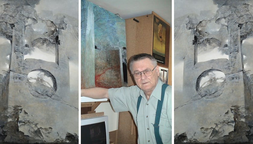 Lustrzane odbicie obrazu, w środku: Z. Beksiński, obok: obraz Zdzisława Beksińskiego, bez tytułu (R6), olej na płycie pilśniowej, 132 x 98 cm, 2001, Muzeum Historyczne w Sanoku