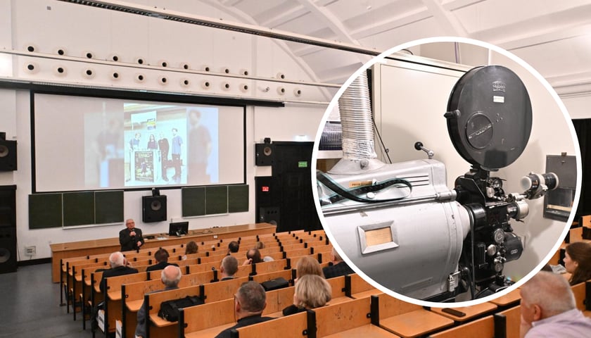 Odnowiona sala wykładowo-kinowa na Politechnice Wrocławskiej (zdjęcie główne), projektor 35mm (zdjęcie w kółku) 