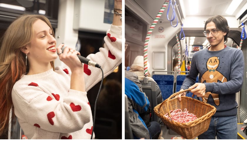 Kolaż dwóch zdjęć. Z lewej: Wiktoria Zjawiony z mikrofonem, śpiewająca w tramwaju. Z prawej: Szymon Majkrzak rozdający w tramwaju świąteczne łakocie.