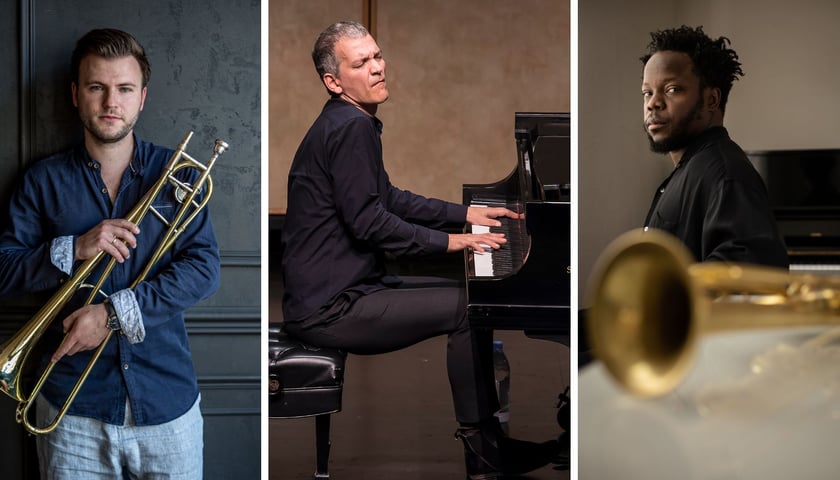 Kolaż trzech zdjęć – od lewej puzonista Bartosz Pernal, pianista Brad Mehldau i trębacz Ambrose Akinmusire, gwiazdy festiwalu Jazz nad Odrą 2024
