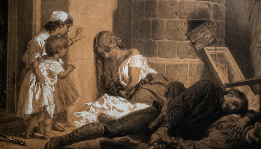 Zbliżenie na rysunek „Już tylko nędza” z cyklu „Wojna”, w pomieszczeniu wiejskiego domu sieroty patrzące na martwych mężczyzn i słaniającą się kobietę