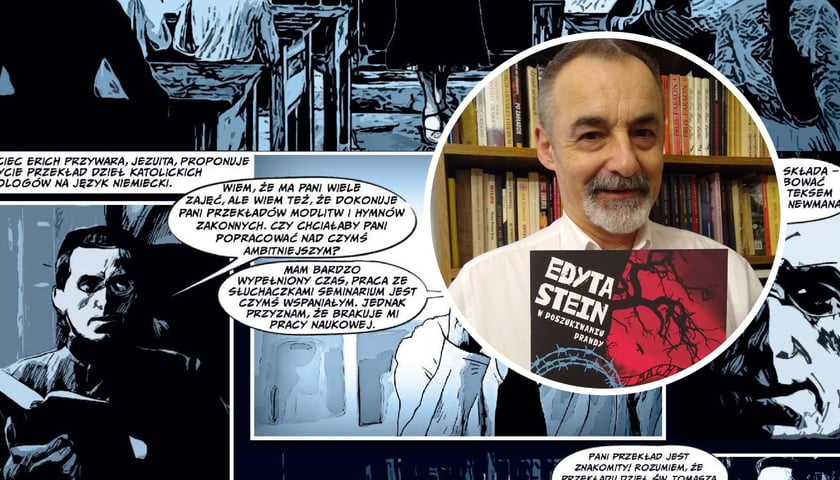 Fragment komiksu. Na zdjęciu w kółku - Juliusz Woźny, autor komiksu