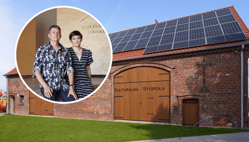 Budynek Kulturalnej Stodoły w Lutyni, w kółku z lewej - Michał i Agnieszka Gawlińscy