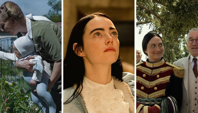 Kolaż trzech zdjęć z filmami nominowanymi do Oscarów – od lewej kadr ze „Strefy interesów”, w środku z „Biednych istot”, z prawej z „Czasu krwawego księżyca”