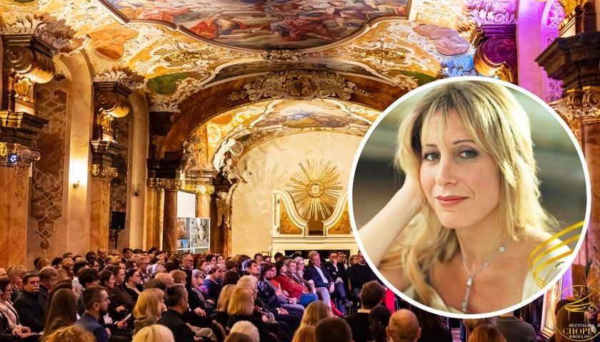 Kolaż dwóch zdjęć – na dużym sala Oratorium Marianum z publicznością, na małym pianistka Ingrid Fliter