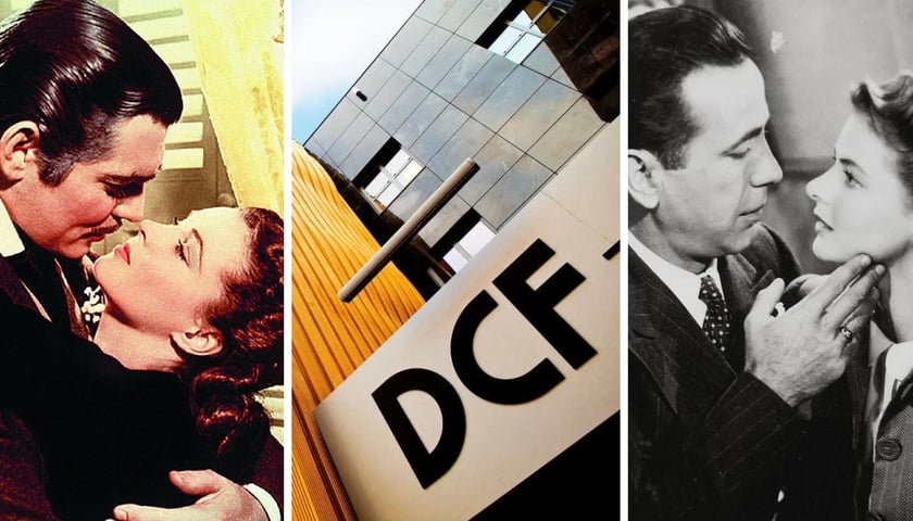Kolaż trzech zdjęć – z lewej scena pocałunku z „Przeminęło z wiatrem”, w środku budynek DCF, z prawej scena z „Casablanki”
