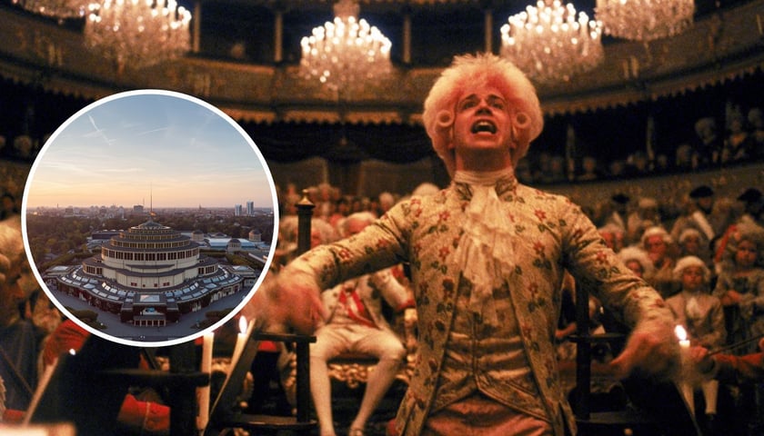 Kolaż dwóch zdjęć – na większym Tom Hulce jako Mozart w „Amadeuszu”, na mniejszym Hala Stulecia