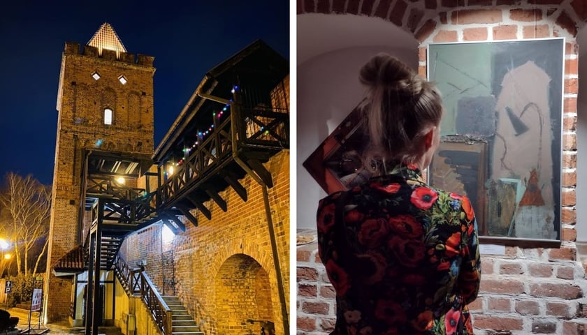 Po lewej: Brama Wrocławska, po prawej: kobieta patrząca na obraz