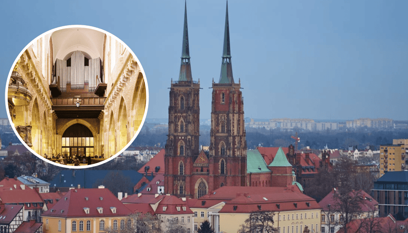 Z lewej w kółku organy w katedrze, z prawej wieże katedry wrocławskiej