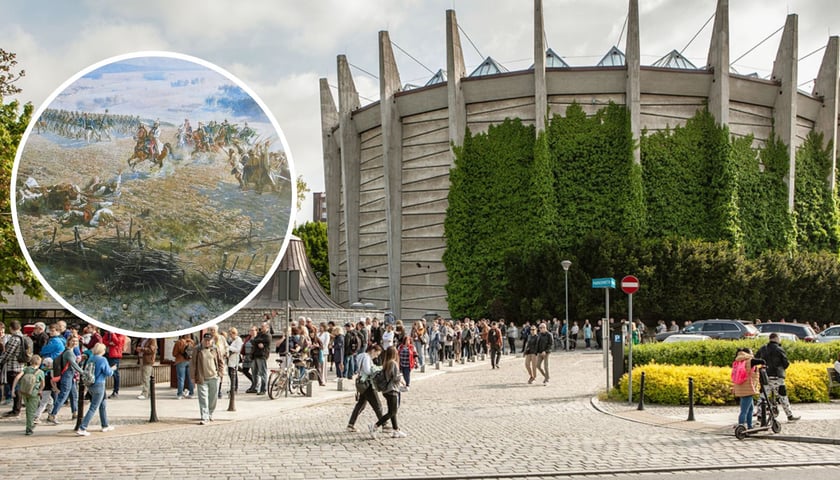Kolaż dwóch zdjęć – na większym słynna rotunda, w której mieście się Panorama Racławicka, na mniejszym fragment obrazu przedstawiający naczelnika Tadeusza Kościuszkę 