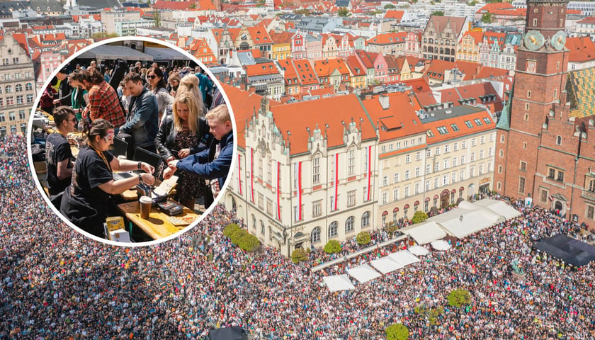 Kolaż dwóch zdjęć – na większym tysiące gitarzystów 1 maja 2023 na wrocławskim rynku, na mniejszym – punkt rejestracji w dniu imprezy