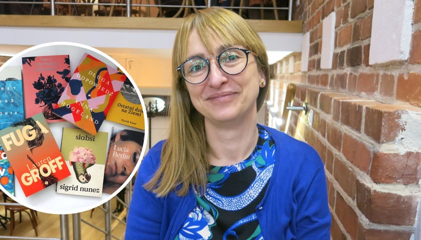 Kolaż dwóch zdjęć – na większym wrocławska tłumaczka Dobromiła Jankowska, na mniejszym – osiem książek, które przetłumaczyła