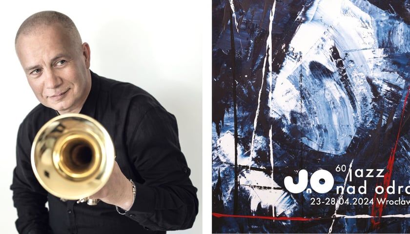 Po lewej: Piotr Wojtasik w czarnej koszuli i z trąbką, po prawej: plakat autorstwa Lecha Twardowskiego. Na plakacie widać m.in. napis 60 Jazz nad Odrą, 60 lat i podana jest data trwania Jazzu nad Odrą 23-28 kwietnia 2024