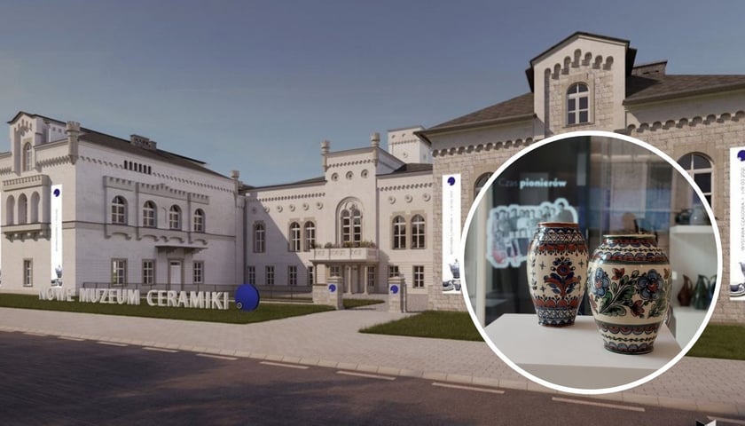 Kolaż dwóch zdjęć – na większym nowa siedziba Muzeum Ceramiki w Bolesławcu w pałacu Eduarda von Pücklera, na mniejszym jeden z eksponatów 