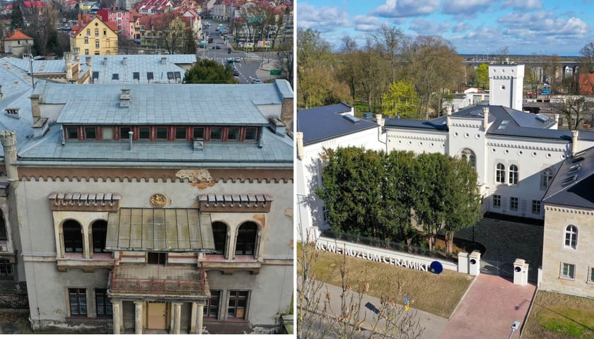 Powiększ obraz: <p>Z lewej wygląd pałacu Eduarda von P&uuml;cklera przed remontem, z prawej po renowacji</p>