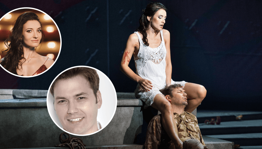 Scena z Carmen (foto Michal Heller). Na zdjęciach w kółeczkach: Iryna Zhytynska (fot. Stepan Rudik, materiały prasowe organizatora), Rafał Bartmiński, fot. Michał Heller