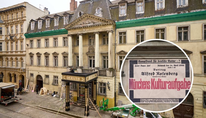 Kolaż dwóch zdjęć – na większym pałac Wallenberg-Pachalych przy Szajnochy zamieniony na Casino, na mniejszym – niemiecki plakat z serialu