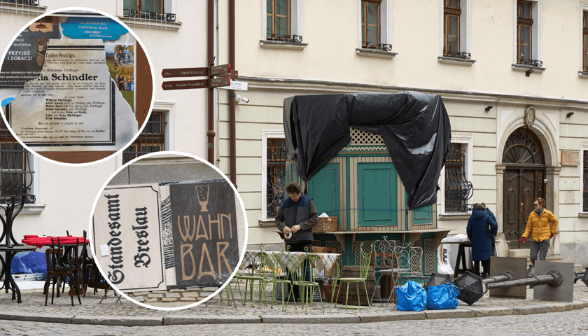 Dekoracje filmowe na Ostrowie Tumskim we Wrocławiu. Na zdjęciach w kółkach - niemieckie nekrologi i szyldy