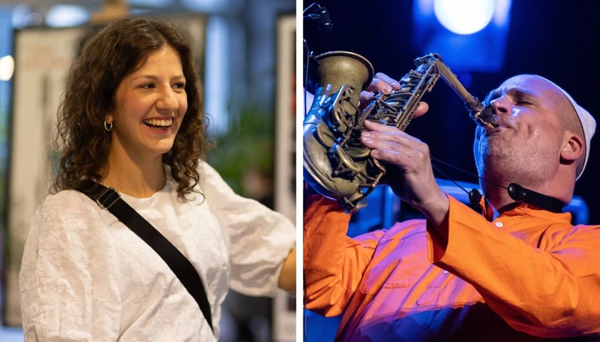Po lewej: uśmiechnięta kobieta przed salą koncertową w Imparcie; po prawej: Victor Toth na saksofonie