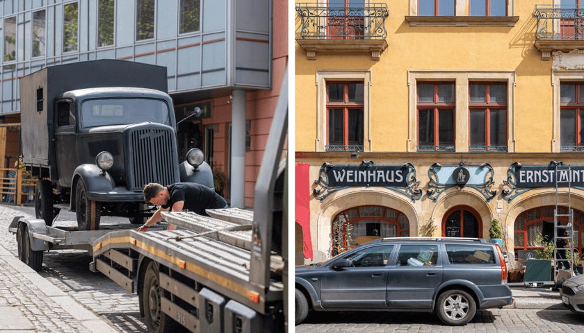Plan zdjęciowy na ul. Włodkowica - po lewej zabytkowe auto, po prawej szyldy z niemieckimi nazwami 