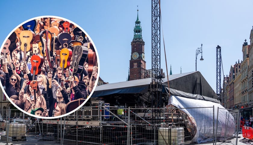 Kolaż dwóch zdjęć – na większym scena w rynku, na mniejszym gitarzyści podczas Gitarowego Rekordu Świata