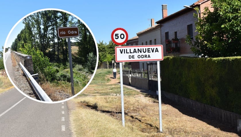 Droga z tablicą: Villanueva de Odra, w kółeczku tablica z napisem Rio Odra