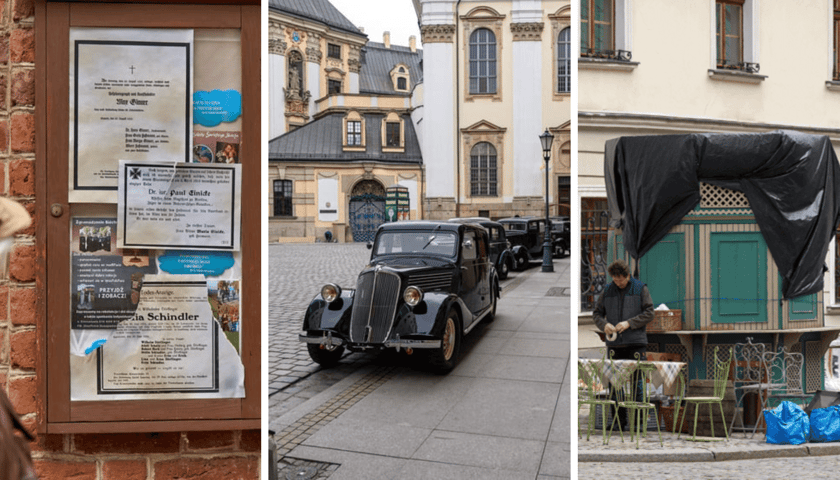 Foto dzielone na trzy części - po lewej przedwojenne ogłoszenia niemieckie (część scenografii filmu), w środku zabytkowe auto z czasów Breslau na pl. Uniwersyteckim, po prawej - dekoracja na Ostrowie Tumskim (kiosk z drewna)