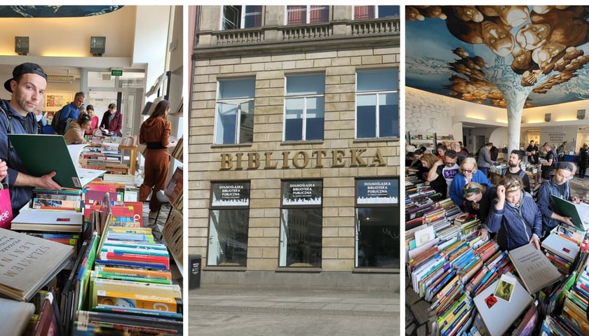 Kolaż trzech zdjęć – w środku budynek Dolnośląskiej Biblioteki Publicznej w Rynku, z lewej i z prawej – ludzie szukający książek na giełdzie