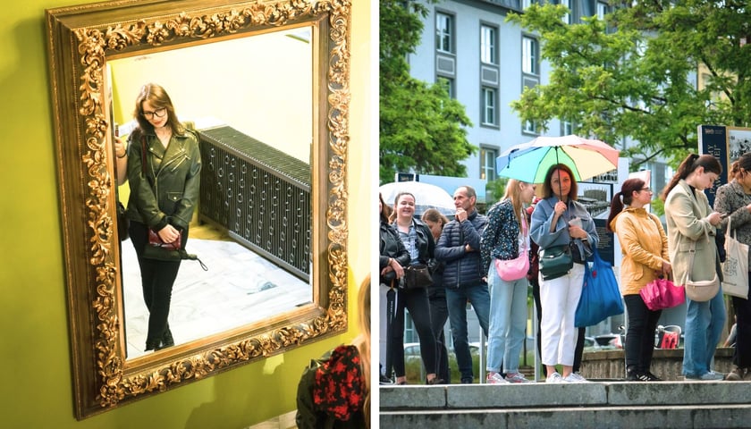 Po lewej: dziewczyna odbijająca się w lustrze w muzeum / po prawej: dziewczyna pod parasolem w kolejce do Panoramy Racławickiej